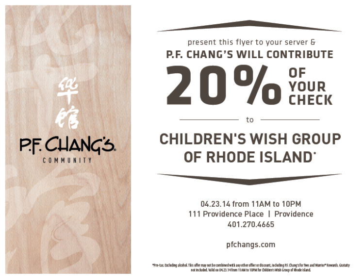 Come bring this to PF Changs tomorrow, give it to your server, and then 20% of your bill goes to helping Grant a child's wish. 